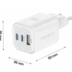 Ładowarka sieciowa Swissten GaN, 2x USB-C PD i 1x USB-A QC, 65 W i 18 W, biała