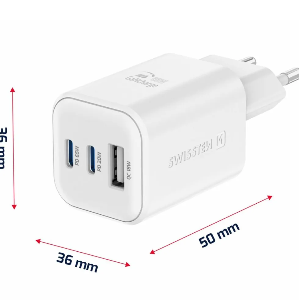 Ładowarka sieciowa Swissten GaN, 2x USB-C PD i 1x USB-A QC, 65 W i 18 W, biała