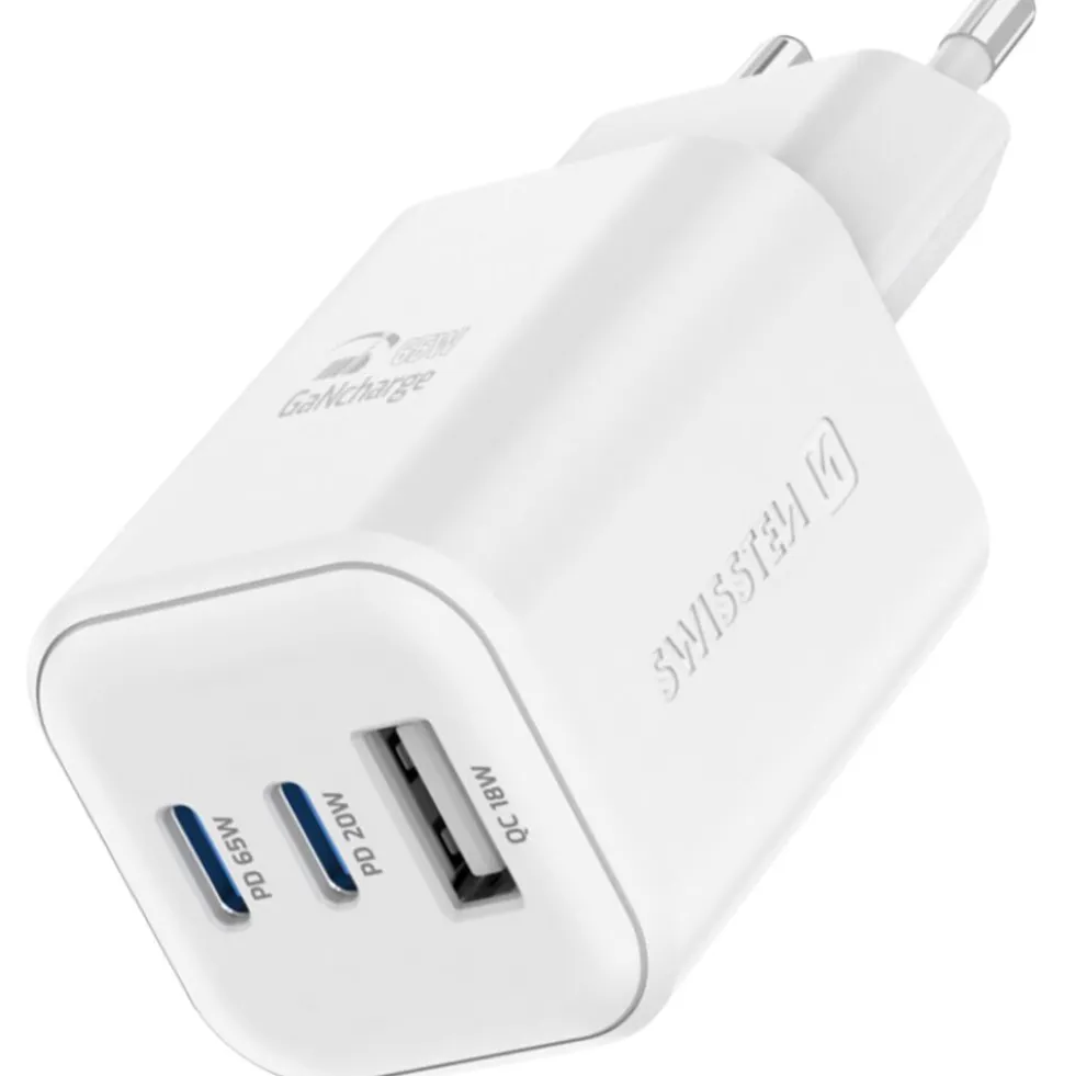 Ładowarka sieciowa Swissten GaN, 2x USB-C PD i 1x USB-A QC, 65 W i 18 W, biała