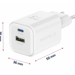 Ładowarka sieciowa Swissten GaN, USB-C PD i USB-A QC, 45 W i 18 W, biała