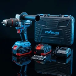 Akumulatorowa wiertarko-wkrętarka udarowa z silnikiem bezszczotkowym Powerlink, 20 V, 120 Nm, 13 mm, 2x akumulator 4 Ah, z akcesoriami