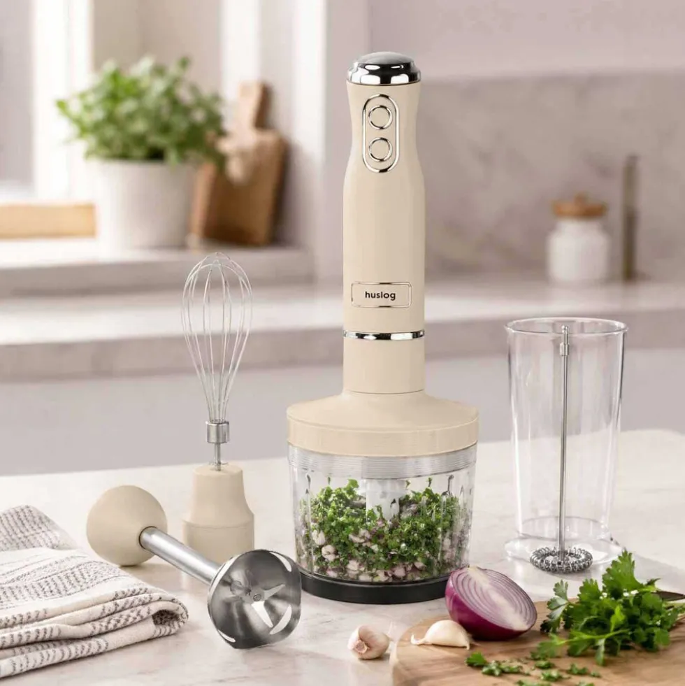 Blender ręczny 4 w 1 Huslog QuickBlend, 700 W, 4 końcówki, kremowy
