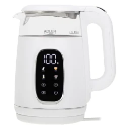 Czajnik elektryczny szklany Adler AD 1305, 1,7 l, 1850 W, z regulacją temperatury i wyświetlaczem LED, biały