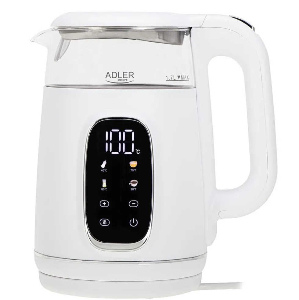 Czajnik elektryczny szklany Adler AD 1305, 1,7 l, 1850 W, z regulacją temperatury i wyświetlaczem LED, biały