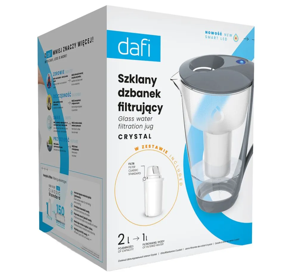 Dzbanek filtrujący szklany Dafi Crystal, 2 l, szary, Classic LED