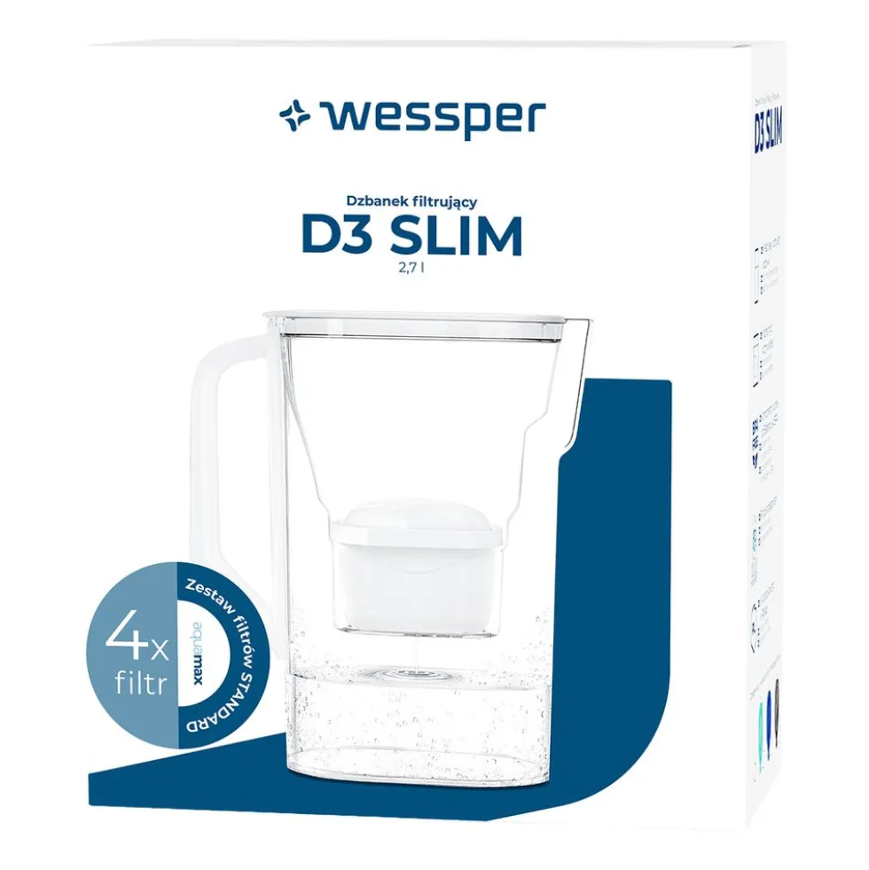 Dzbanek filtrujący Wessper D3 Slim, 2,7 l, 4 filtry, biały