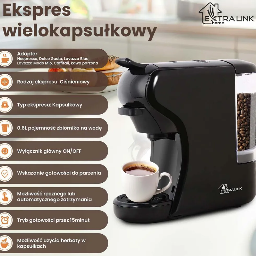 Ekspres wielokapsułkowy Extralink Home, 5 wkładów na kapsułki i wkład na kawę mieloną, czarny