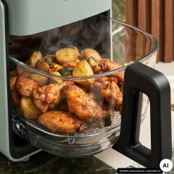 Frytkownica beztłuszczowa szklana Huslog Crystal Steam, 1300 W, 4,2 l, z funkcją pary, zielona