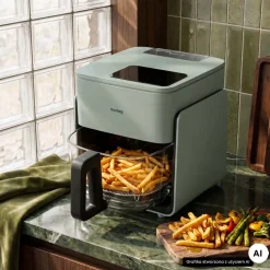 Frytkownica beztłuszczowa szklana Huslog Crystal Steam, 1300 W, 4,2 l, z funkcją pary, zielona