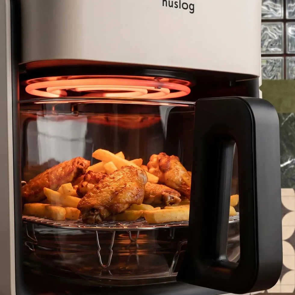 Frytkownica beztłuszczowa szklana Huslog Crystal Steam, 1300 W, 4,2 l, z funkcją pary, kremowa