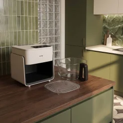Frytkownica beztłuszczowa szklana Huslog Crystal Steam, 1300 W, 4,2 l, z funkcją pary, kremowa