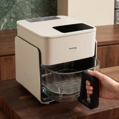 Frytkownica beztłuszczowa szklana Huslog Crystal Steam, 1300 W, 4,2 l, z funkcją pary, kremowa