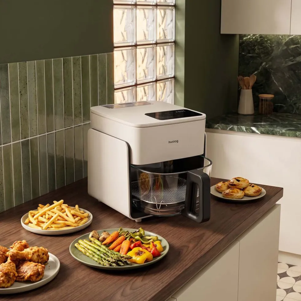 Frytkownica beztłuszczowa szklana Huslog Crystal Steam, 1300 W, 4,2 l, z funkcją pary, kremowa