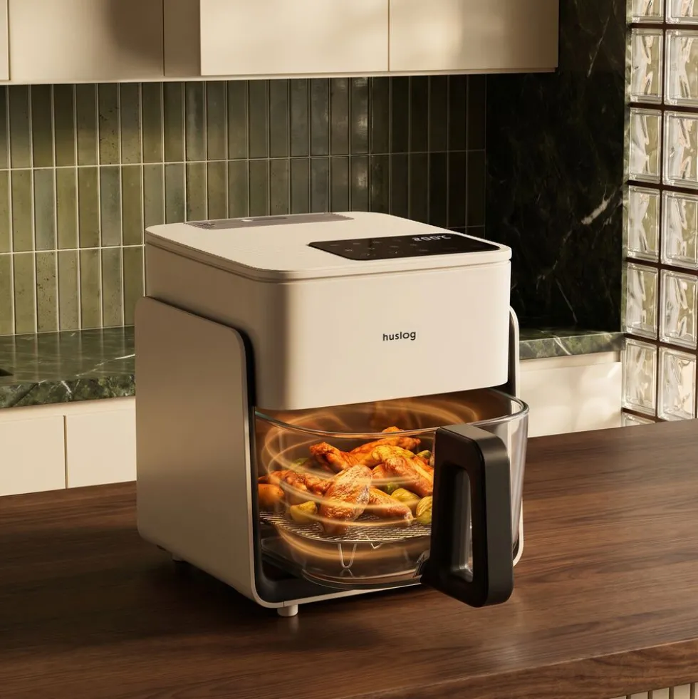 Frytkownica beztłuszczowa szklana Huslog Crystal Steam, 1300 W, 4,2 l, z funkcją pary, kremowa