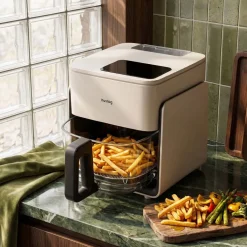 Frytkownica beztłuszczowa szklana Huslog Crystal Steam, 1300 W, 4,2 l, z funkcją pary, kremowa