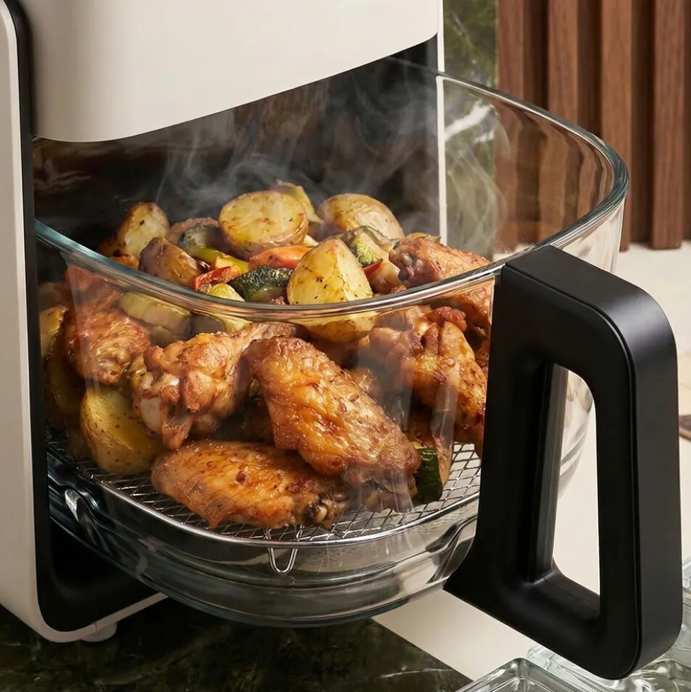 Frytkownica beztłuszczowa szklana Huslog Crystal Steam, 1300 W, 4,2 l, z funkcją pary, kremowa