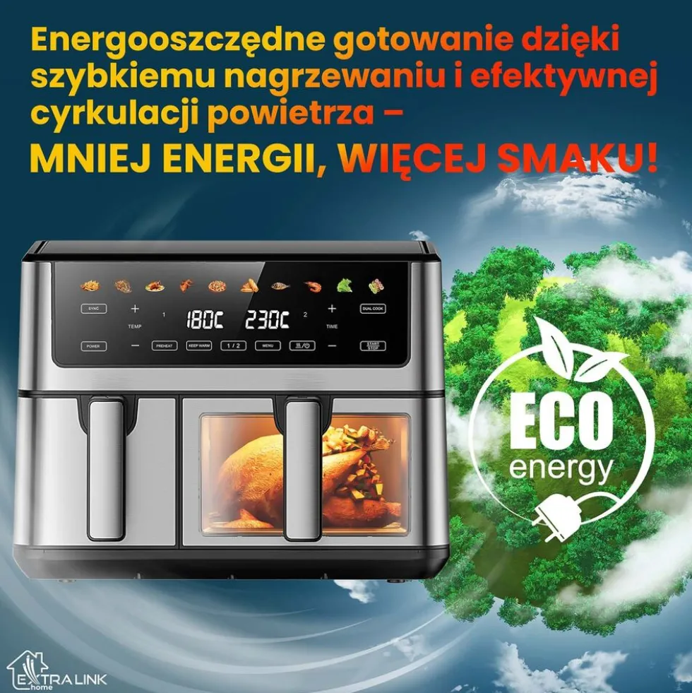 Frytkownica beztłuszczowa z okienkiem Extralink Dual Basket, 2 komory, 2500 W, 6,5 l i 3,5 l, srebrna