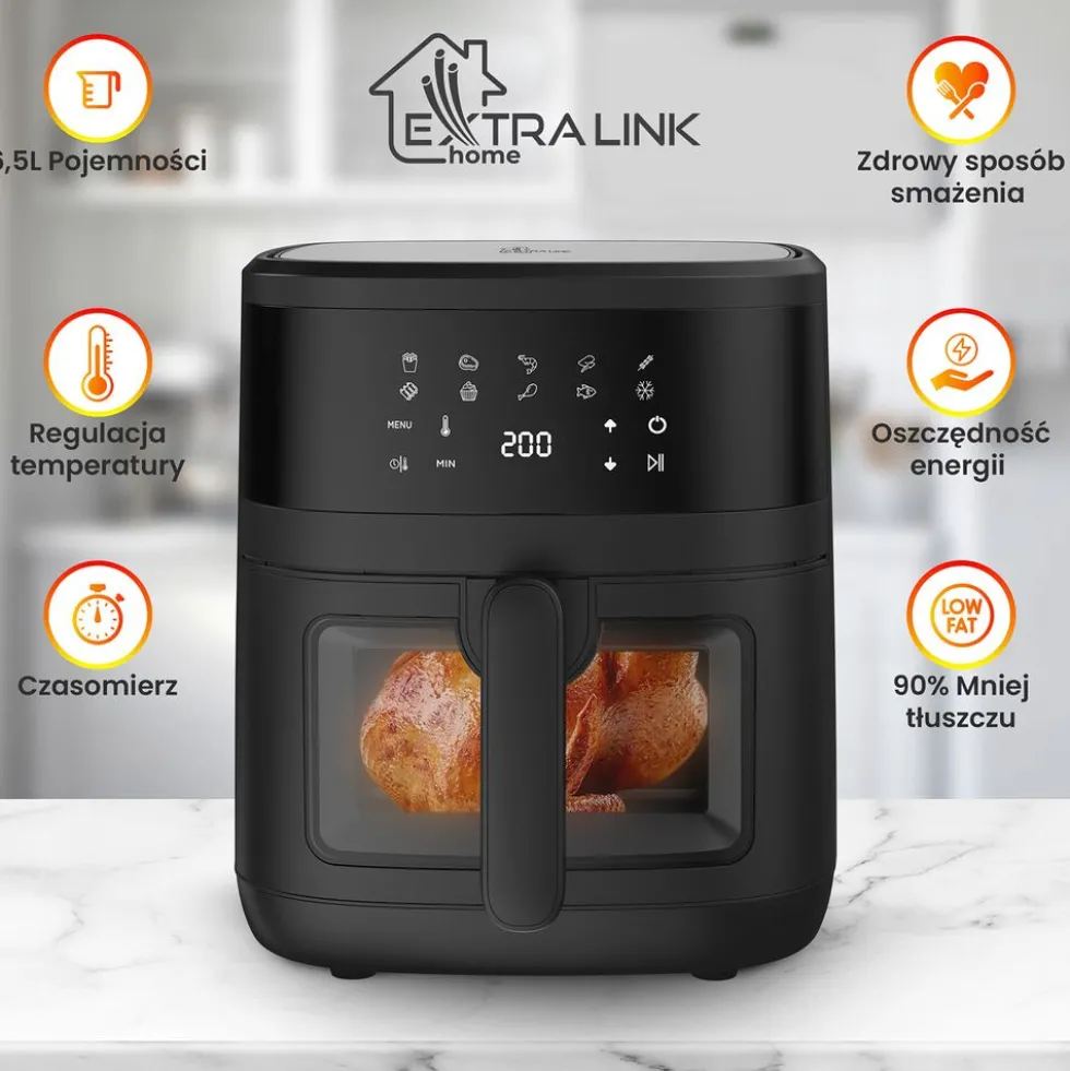 Frytkownica beztłuszczowa z okienkiem Extralink, 1800 W, 6,5 l, czarna