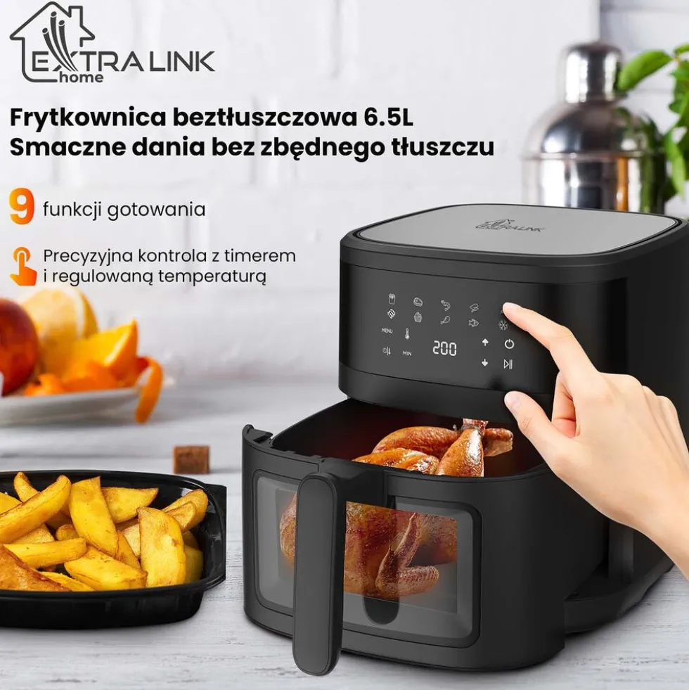 Frytkownica beztłuszczowa z okienkiem Extralink, 1800 W, 6,5 l, czarna