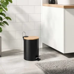Kosz na śmieci Altom Design, 3 l, z bambusową pokrywką i pedałem, czarny