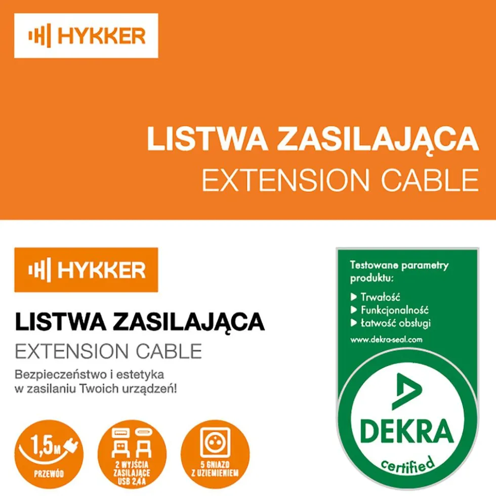 Listwa zasilająca Hykker, z USB, 1,5 m, 5 gniazd, różowa