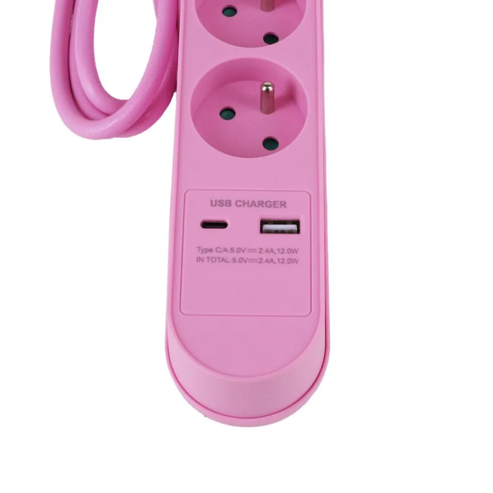 Listwa zasilająca Hykker, z USB, 1,5 m, 5 gniazd, różowa