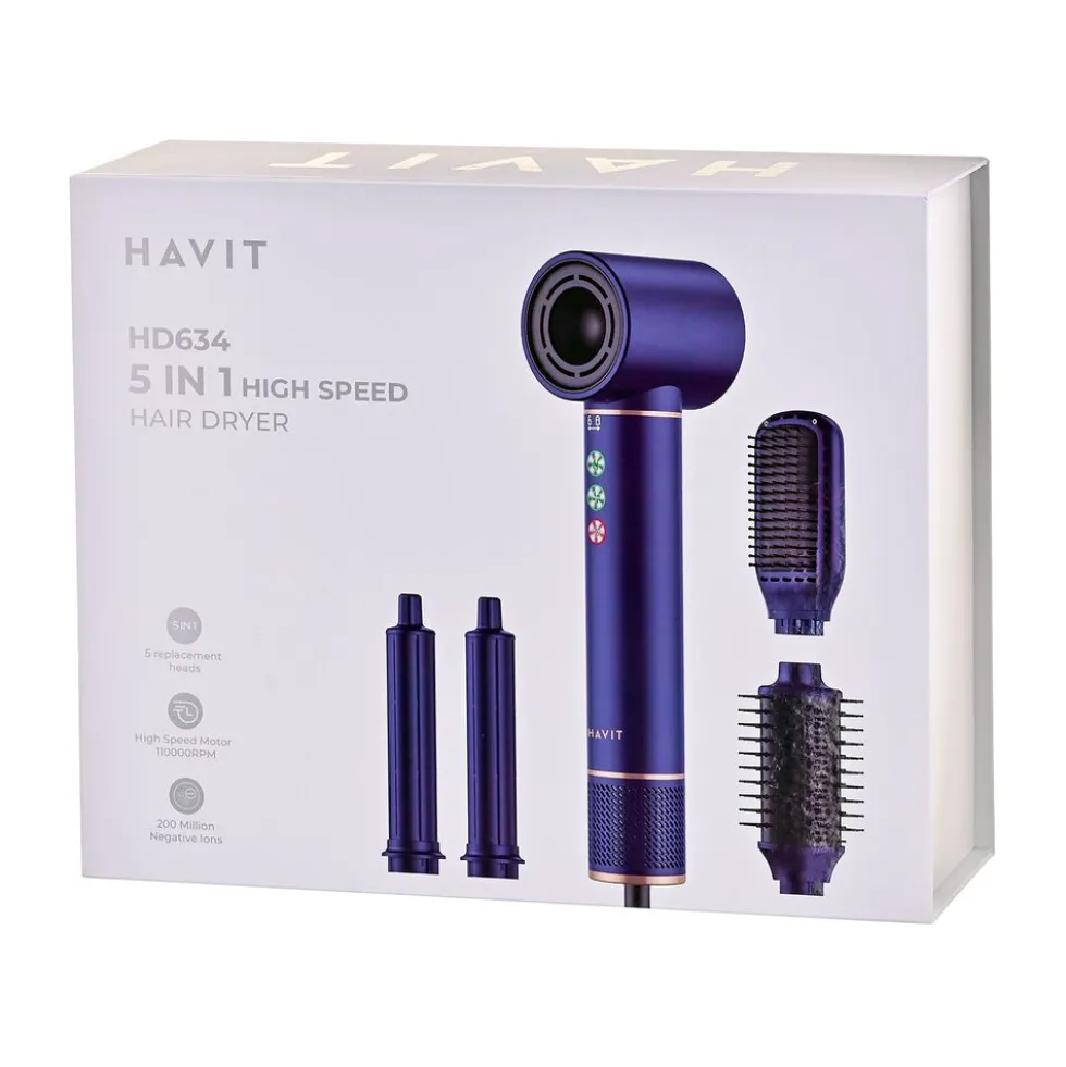 Lokówko-suszarka Multistyler Havit HD634, 1300 W, 4 końcówki, niebieska