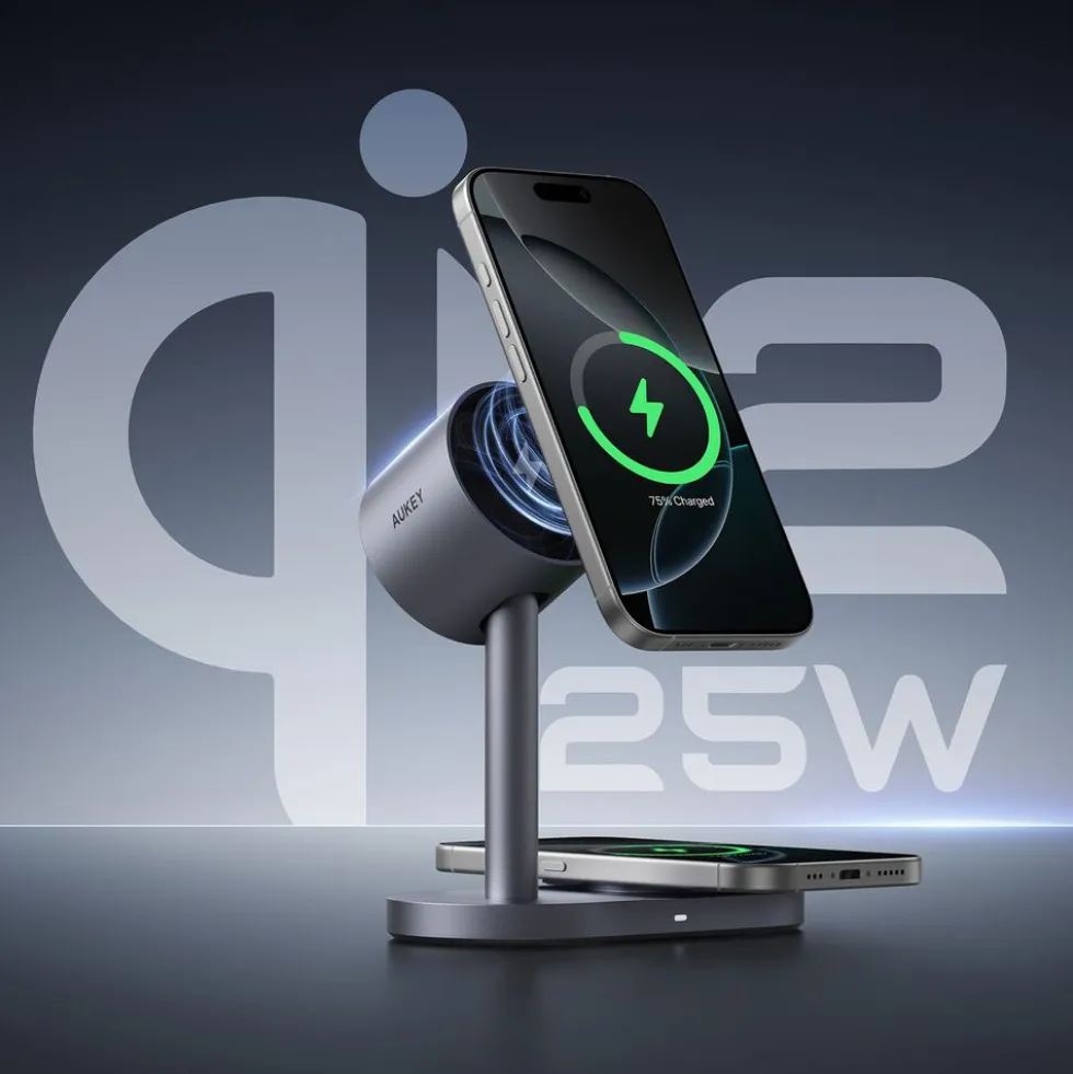Magnetyczna ładowarka bezprzewodowa 2 w 1 Aukey LC-MC213, QI2.2, 25 W