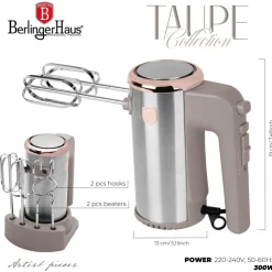 Mikser ręczny BerlingerHaus BH/9742, 300 W, 4 końcówki, ze stojakiem, taupe