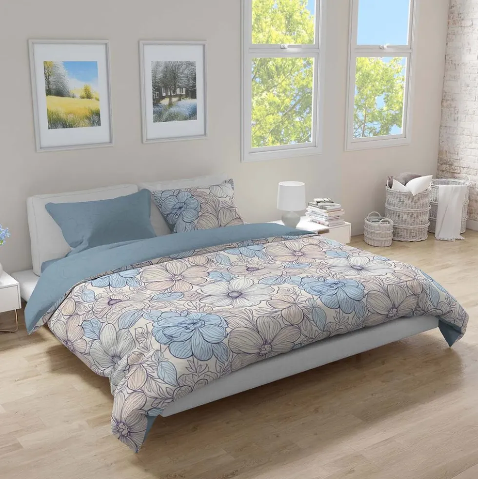 Pościel bawełniana flanelowa 220 x 200 cm Faro, kwiatki, ecru
