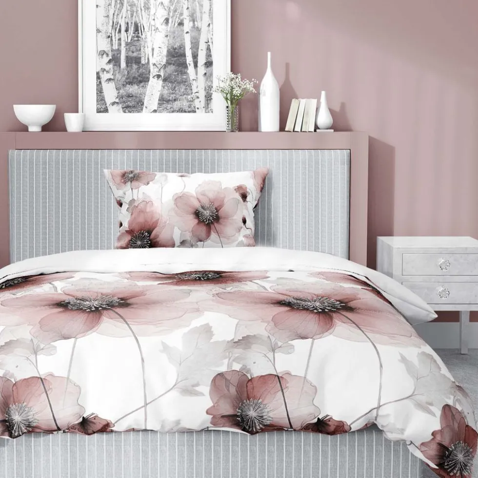 Pościel satynowa 140 x 200 cm Home Satin, pudroworóżowa w duże kwiaty