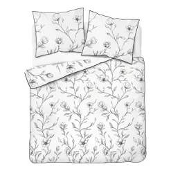 Pościel z perkalu 160 x 200 cm Lame Percale, czarne kwiaty, biała