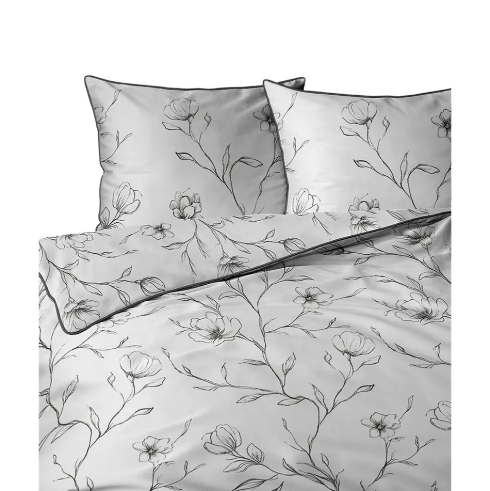 Pościel z perkalu 160 x 200 cm Lame Percale, czarne kwiaty, biała