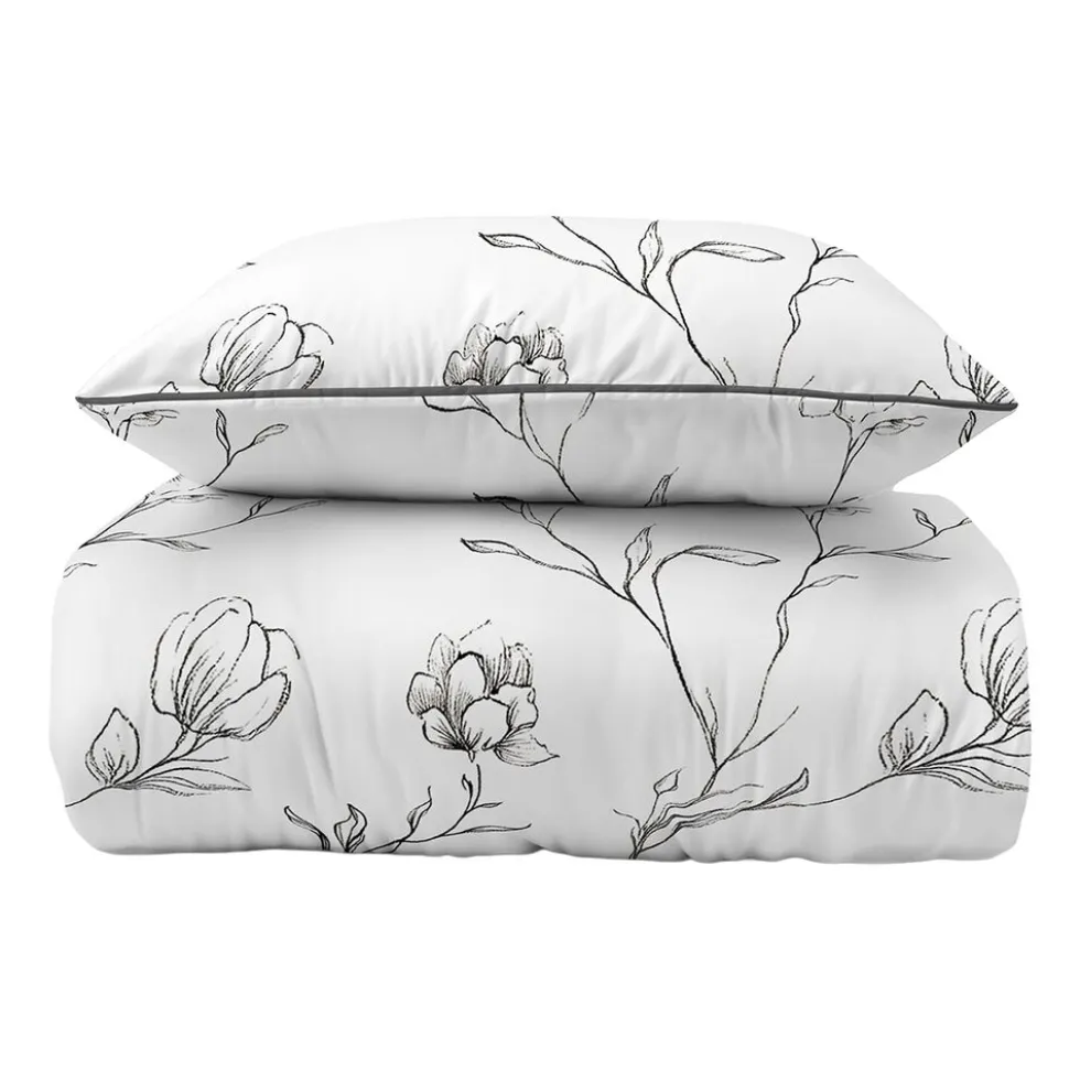 Pościel z perkalu 160 x 200 cm Lame Percale, czarne kwiaty, biała