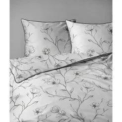 Pościel z perkalu 160 x 200 cm Lame Percale, czarne kwiaty, biała