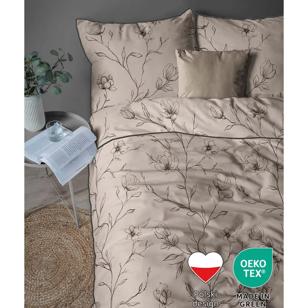 Pościel z perkalu 160 x 200 cm Lame Percale, czarne kwiaty, beżowa