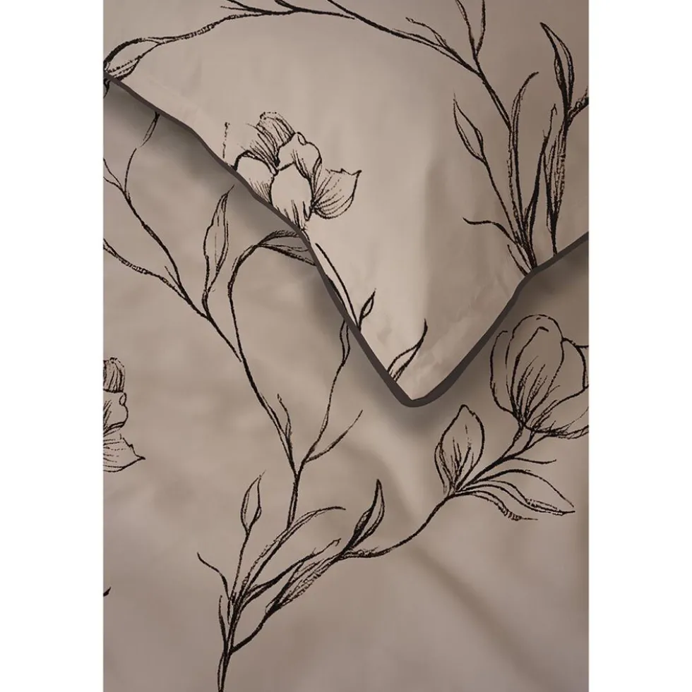 Pościel z perkalu 160 x 200 cm Lame Percale, czarne kwiaty, beżowa