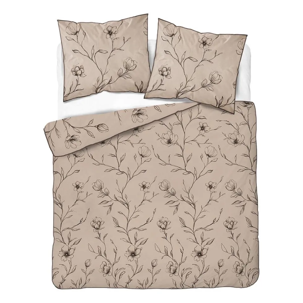 Pościel z perkalu 160 x 200 cm Lame Percale, czarne kwiaty, beżowa