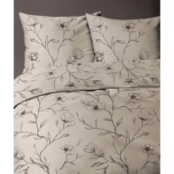 Pościel z perkalu 160 x 200 cm Lame Percale, czarne kwiaty, beżowa