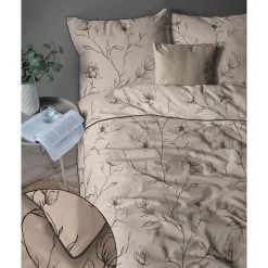 Pościel z perkalu 160 x 200 cm Lame Percale, czarne kwiaty, beżowa