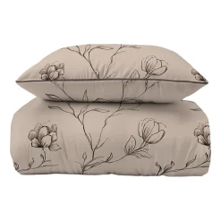 Pościel z perkalu 160 x 200 cm Lame Percale, czarne kwiaty, beżowa