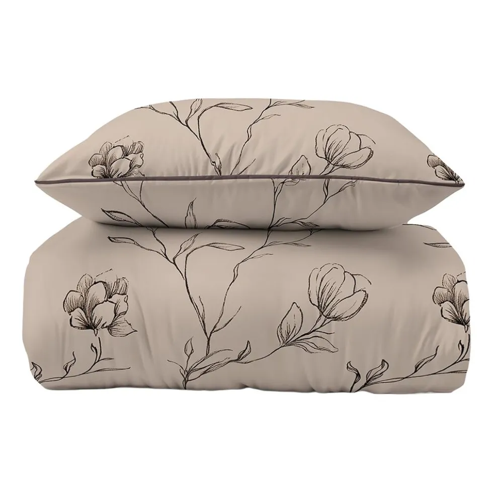 Pościel z perkalu 160 x 200 cm Lame Percale, czarne kwiaty, beżowa