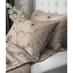 Pościel z perkalu 160 x 200 cm Lame Percale, czarne kwiaty, beżowa