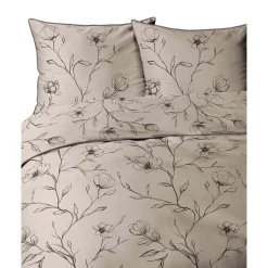 Pościel z perkalu 160 x 200 cm Lame Percale, czarne kwiaty, beżowa