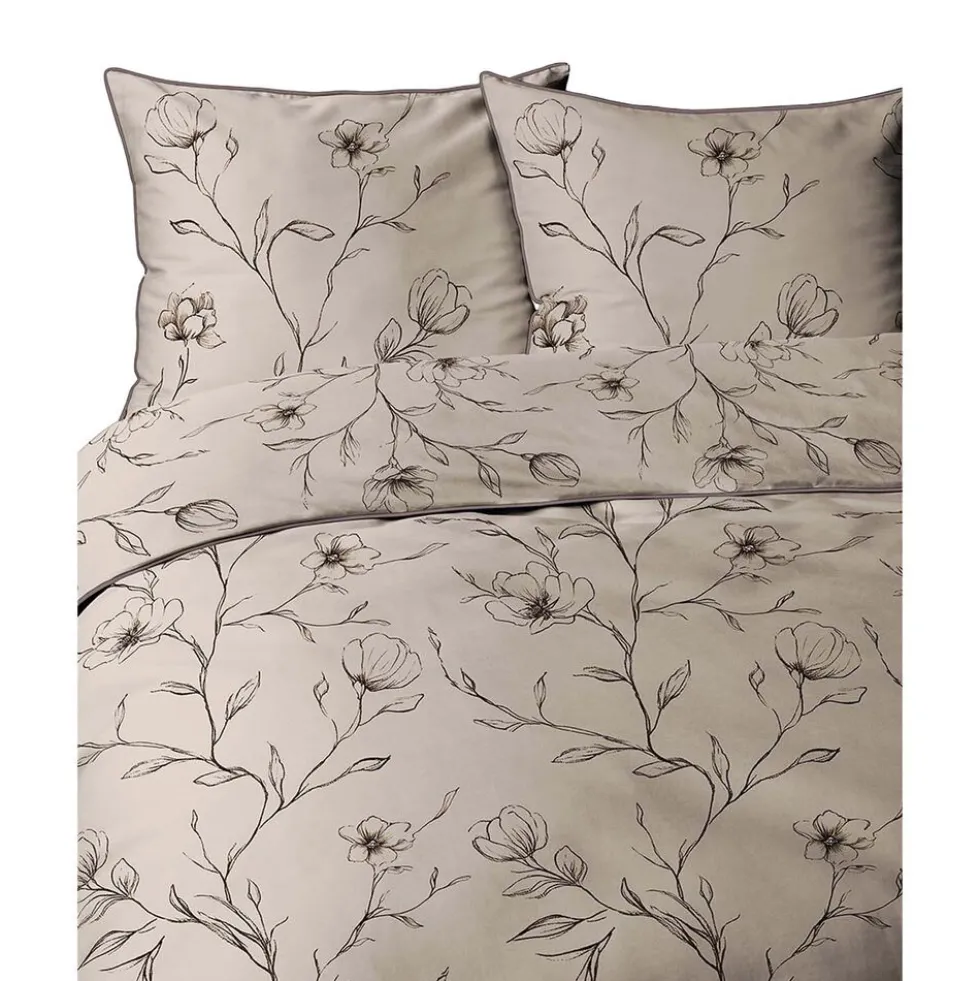 Pościel z perkalu 160 x 200 cm Lame Percale, czarne kwiaty, beżowa