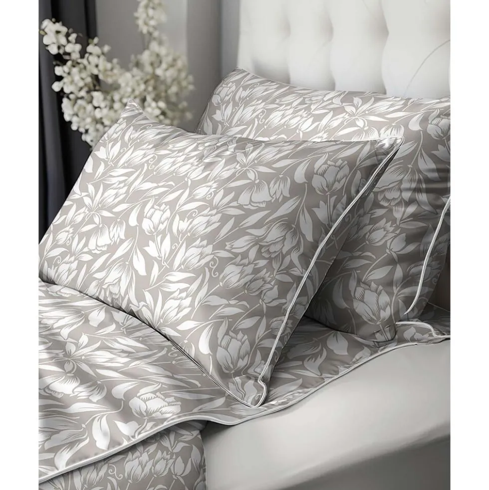 Pościel z perkalu 160 x 200 cm Lame Percale, białe kwiaty, beżowa