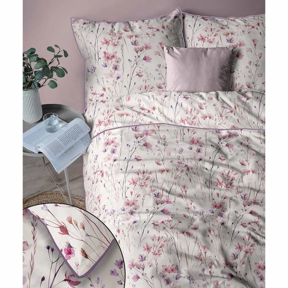 Pościel z perkalu 160 x 200 cm Lame Percale, różowo-fioletowe kwiatki