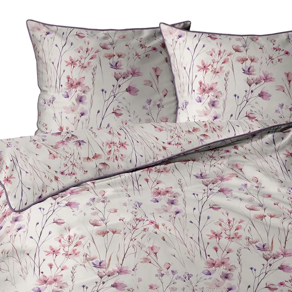 Pościel z perkalu 160 x 200 cm Lame Percale, różowo-fioletowe kwiatki