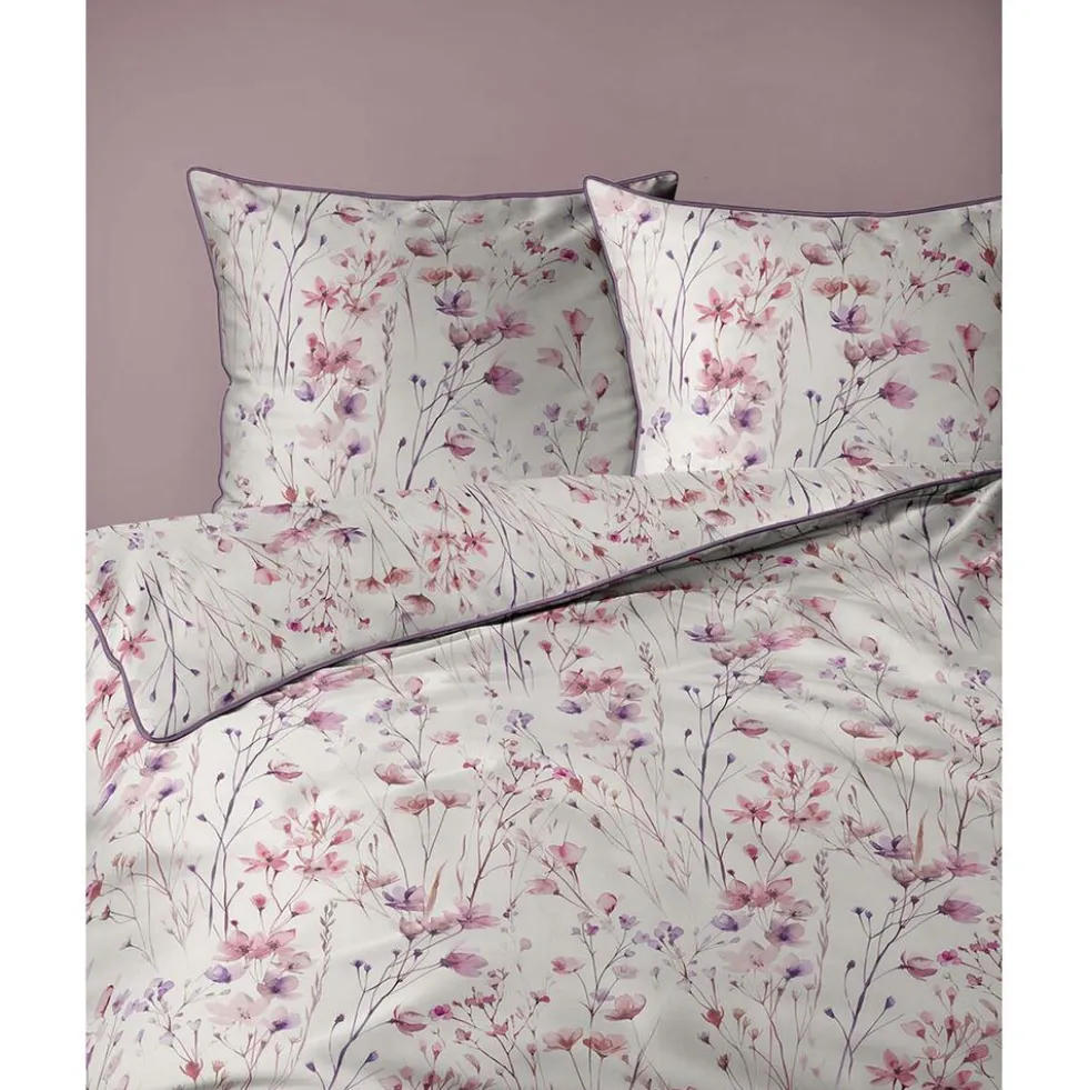 Pościel z perkalu 160 x 200 cm Lame Percale, różowo-fioletowe kwiatki