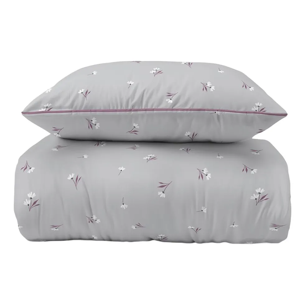 Pościel z perkalu 160 x 200 cm Lame Percale, kwiatki, szara